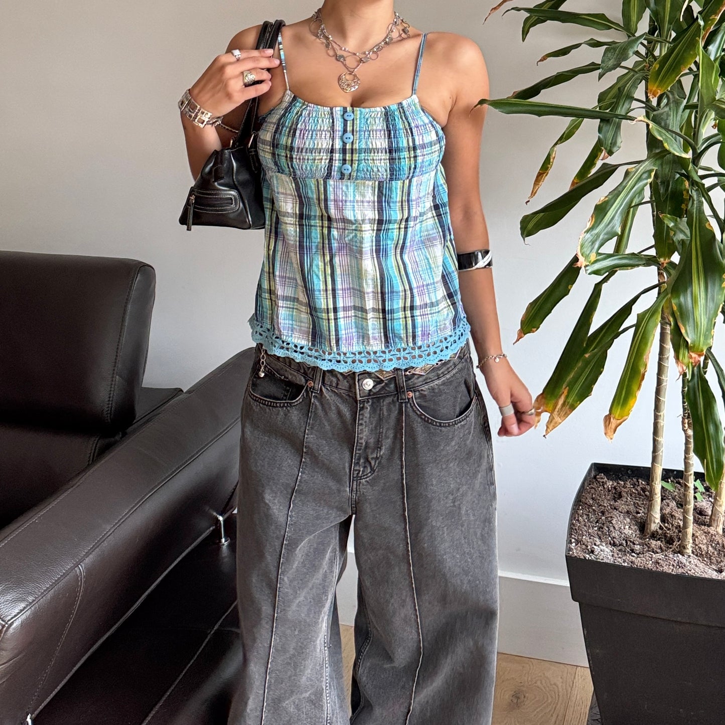 Blue Plaid Sparkly Top