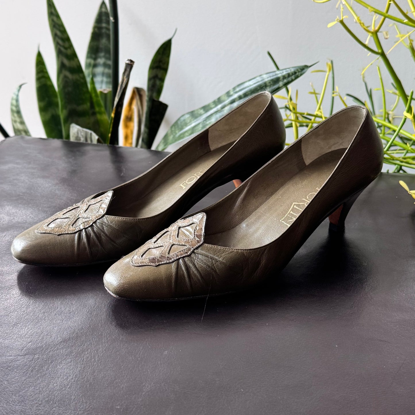 Olive Green Leather Kitten Heels