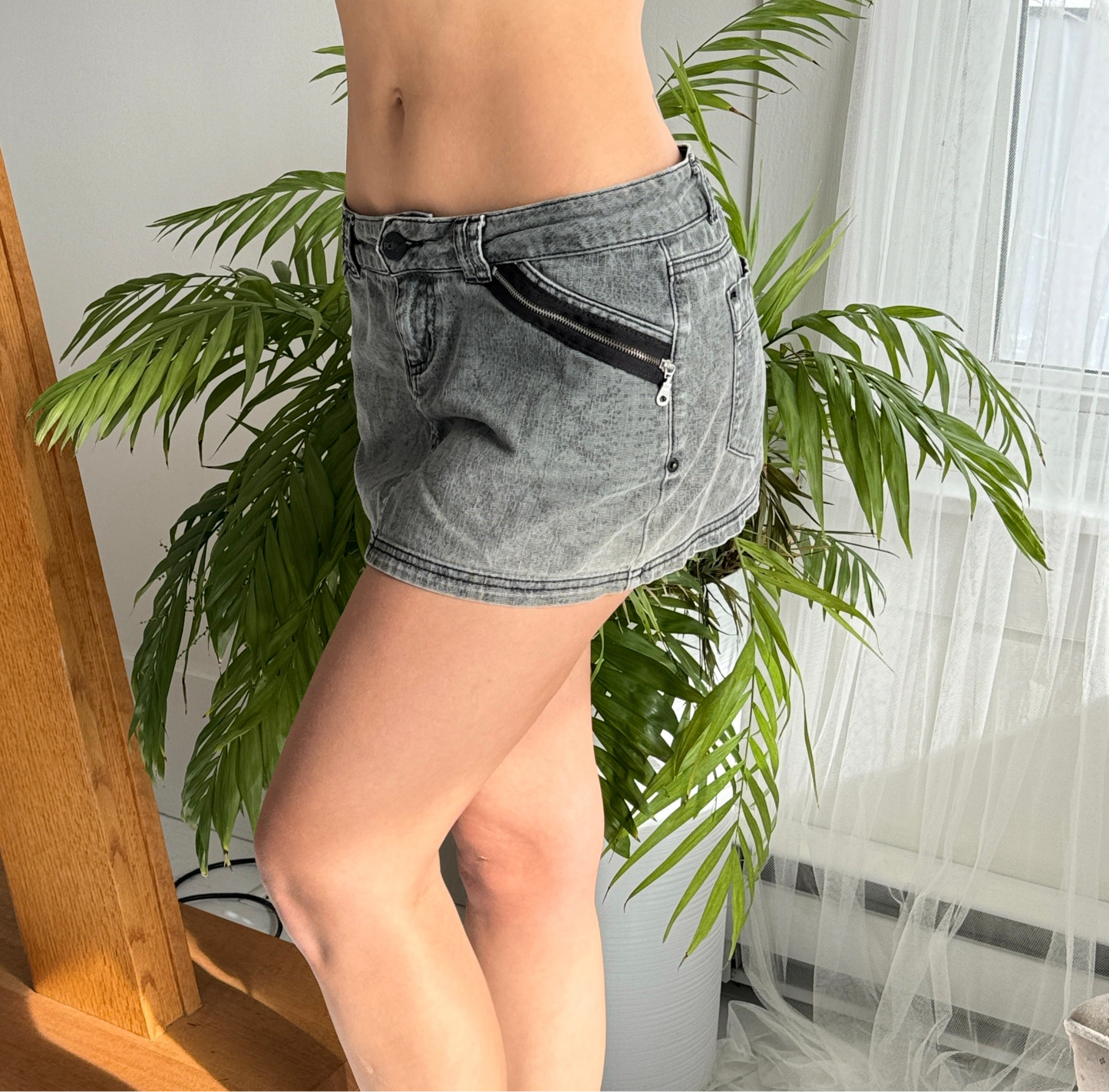 Grey & Black Denim Mini Skirt