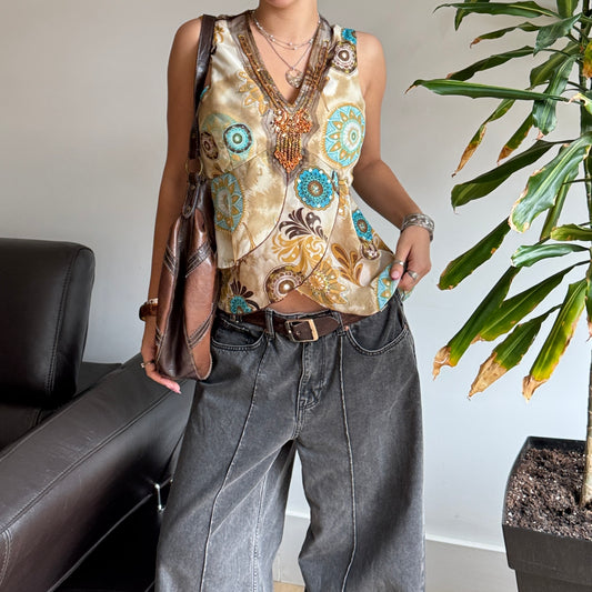 Beige Beaded Mesh Top