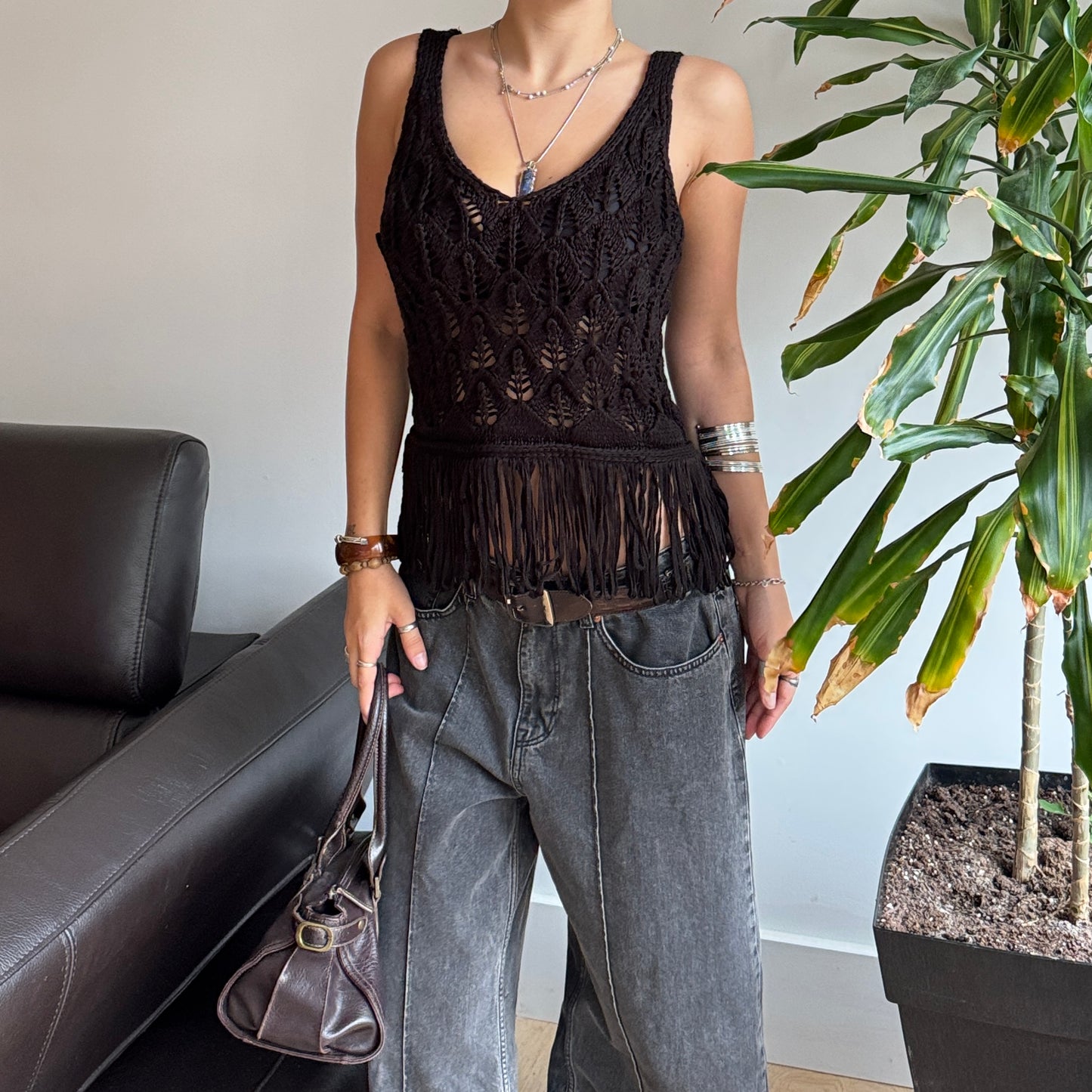 Black Crochet Fringe Top