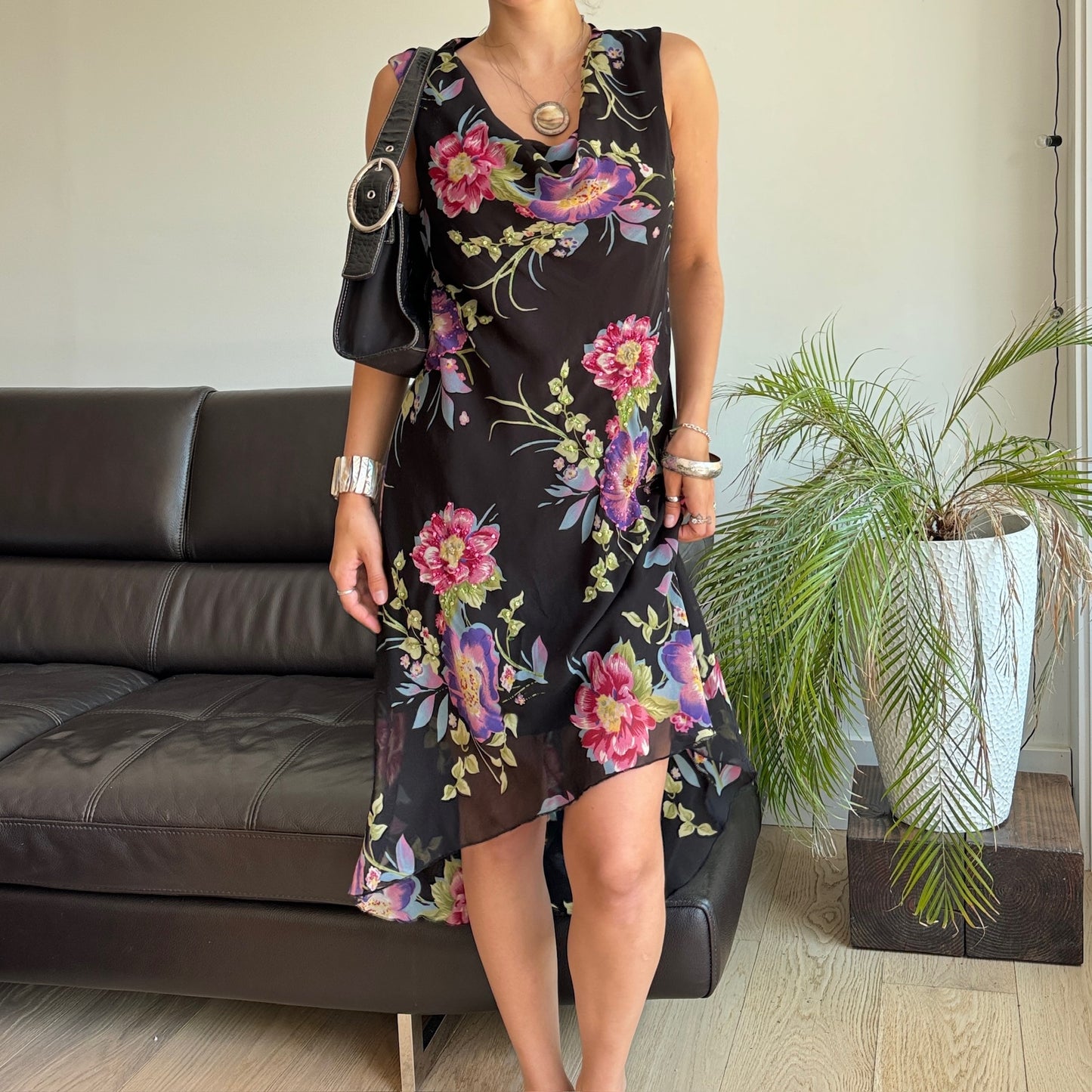 Black & Pink Beaded Floral Asymmetrical Dress