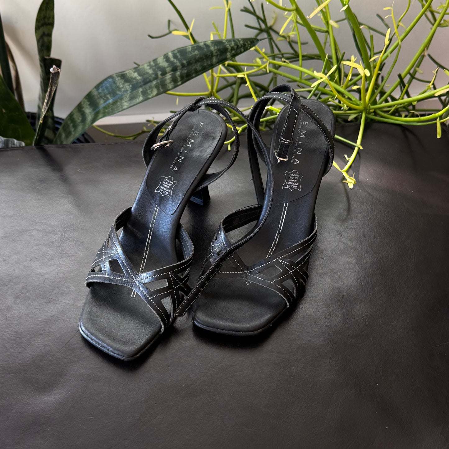 Black Square Genuine Leather Heels