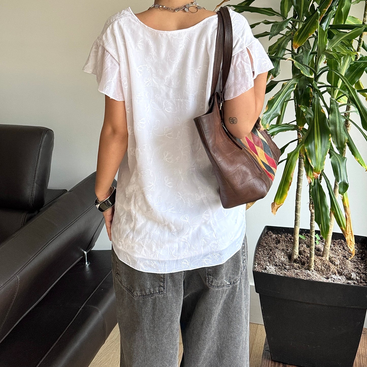 White Embroidered Mesh Top