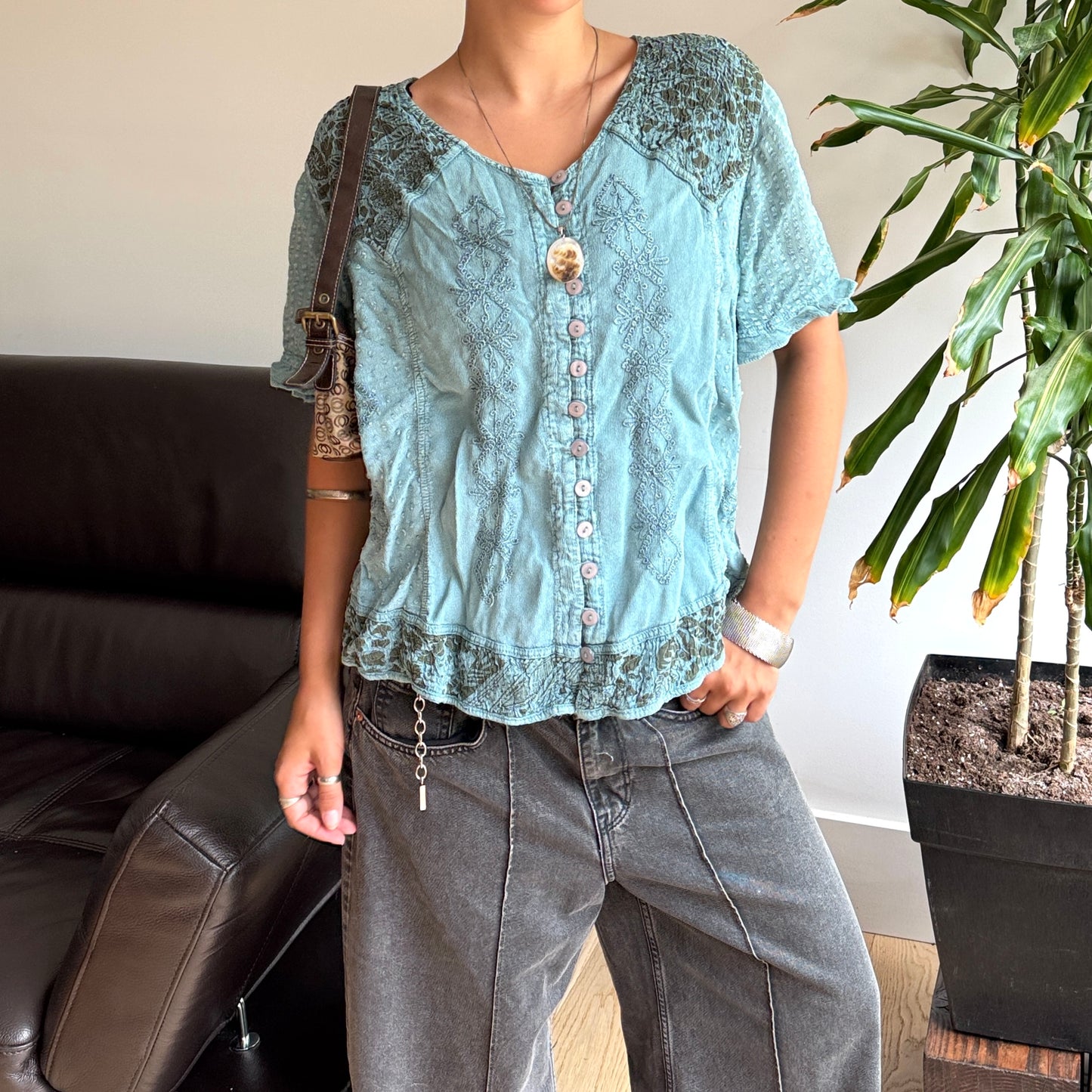 Blue Embroidered Tie Up Top