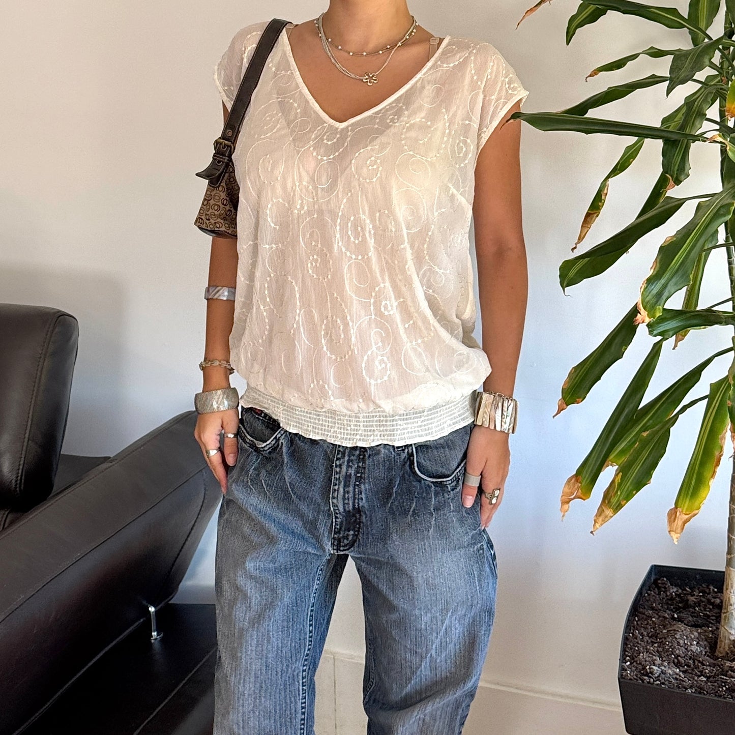 White Embroidered Mesh Top