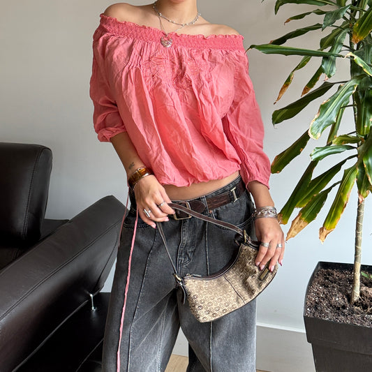 Pink Embroidered Off The Shoulder Top