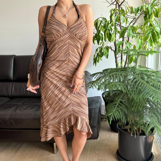 Brown Striped Halter Dress