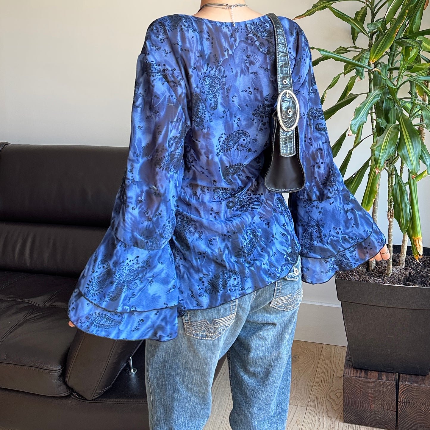Black & Blue Mesh Bell Sleeve Top