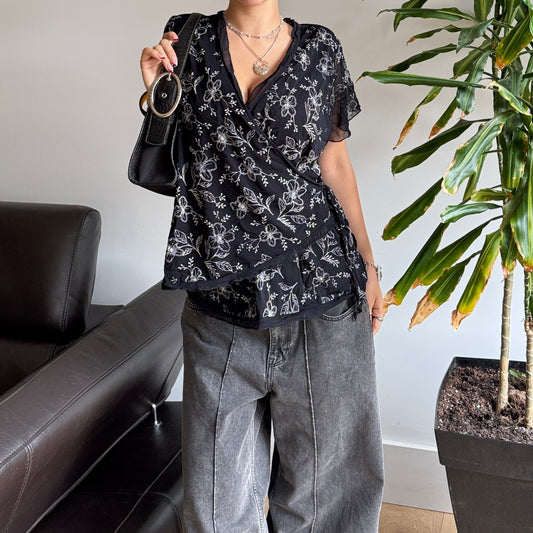 B&W Floral Mesh Top