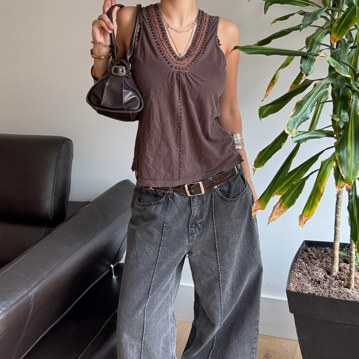 Brown Handmade Wooden Beaded Top