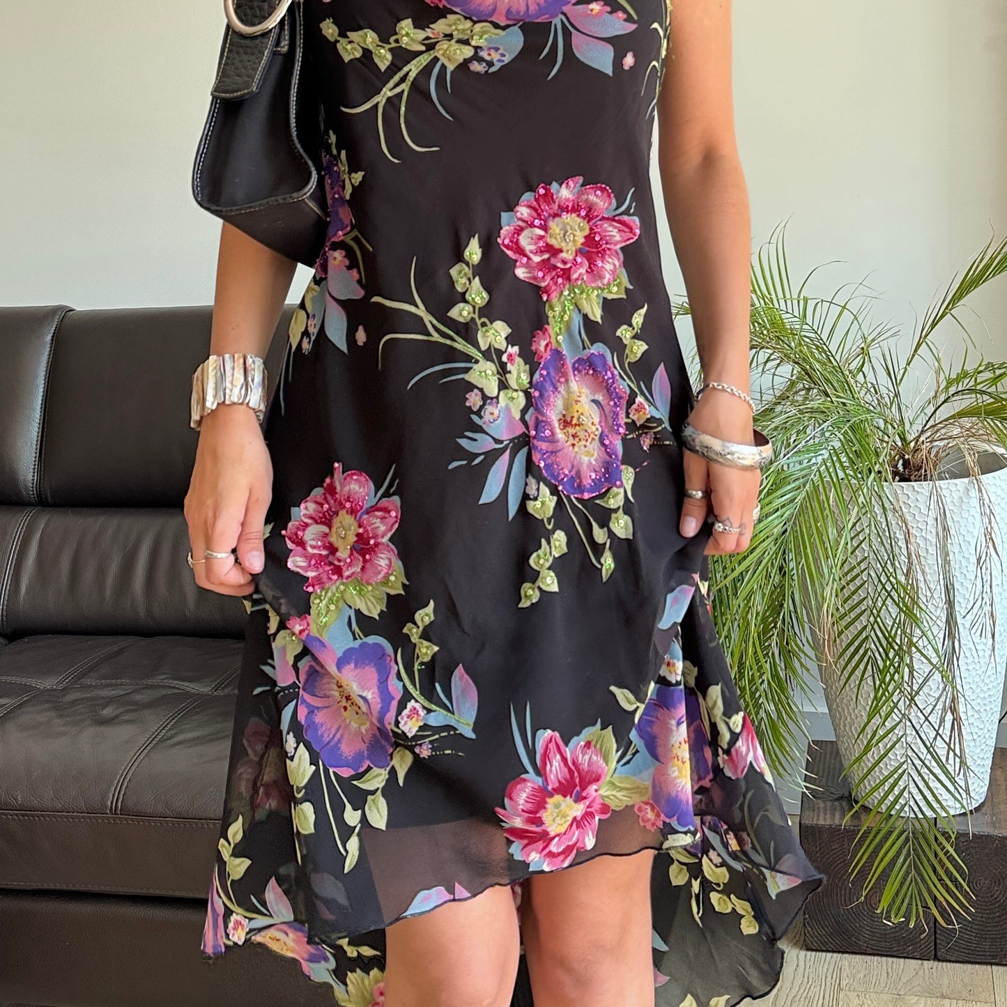 Black & Pink Beaded Floral Asymmetrical Dress