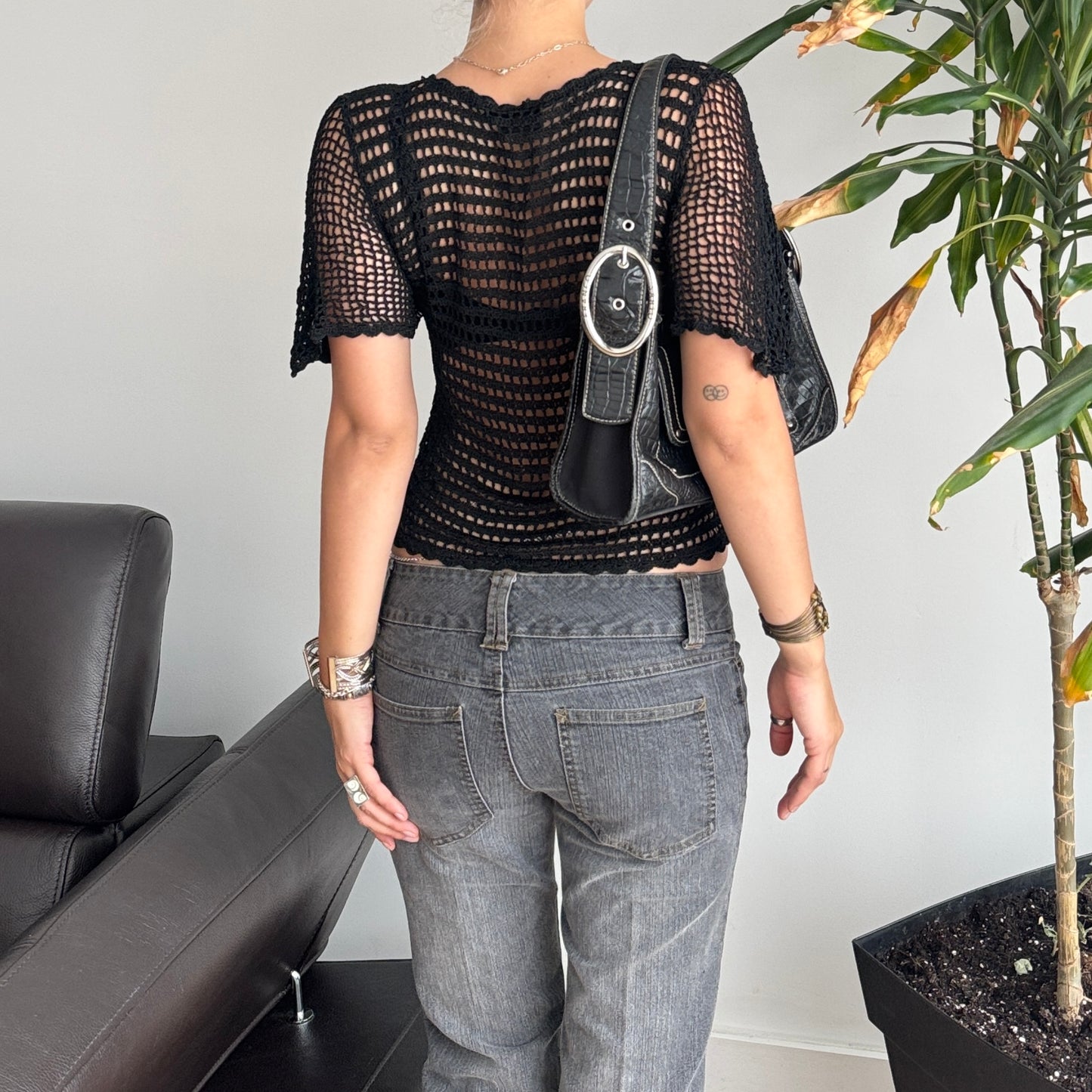 Black Wide Sleeve Crochet Top