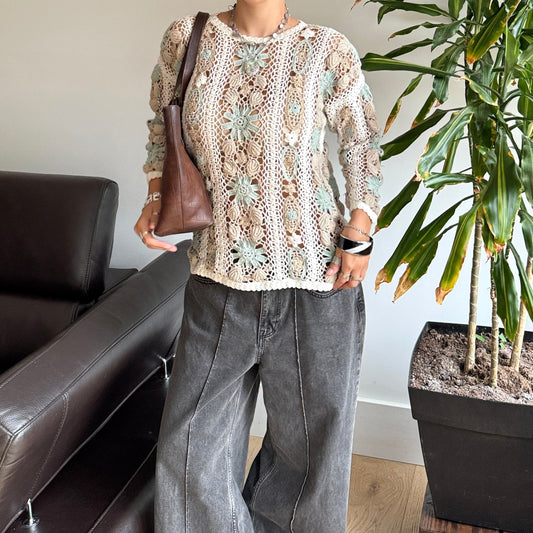 Cream & Blue Floral Crochet Top