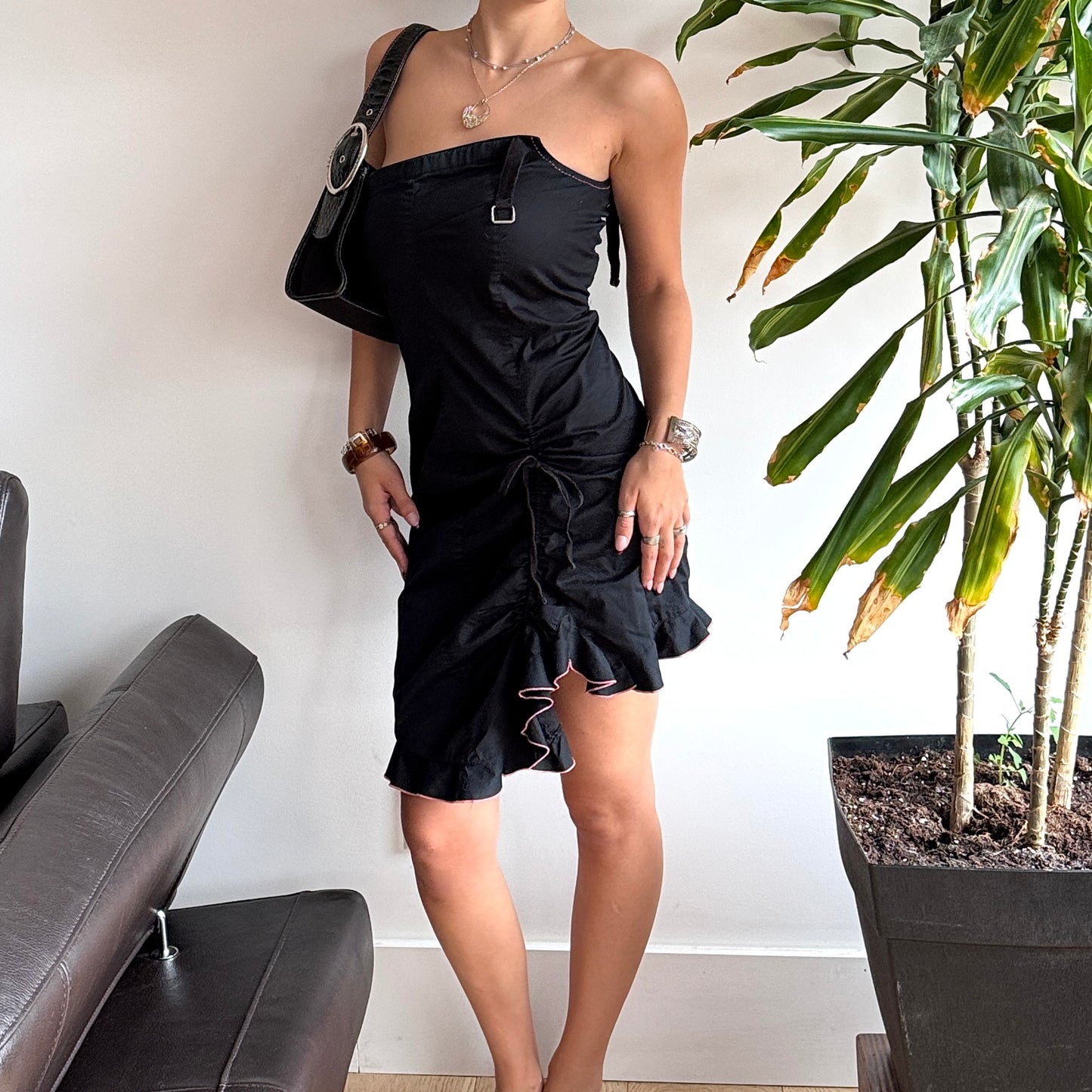 Black & Pink Asymmetrical Ruffle Dress