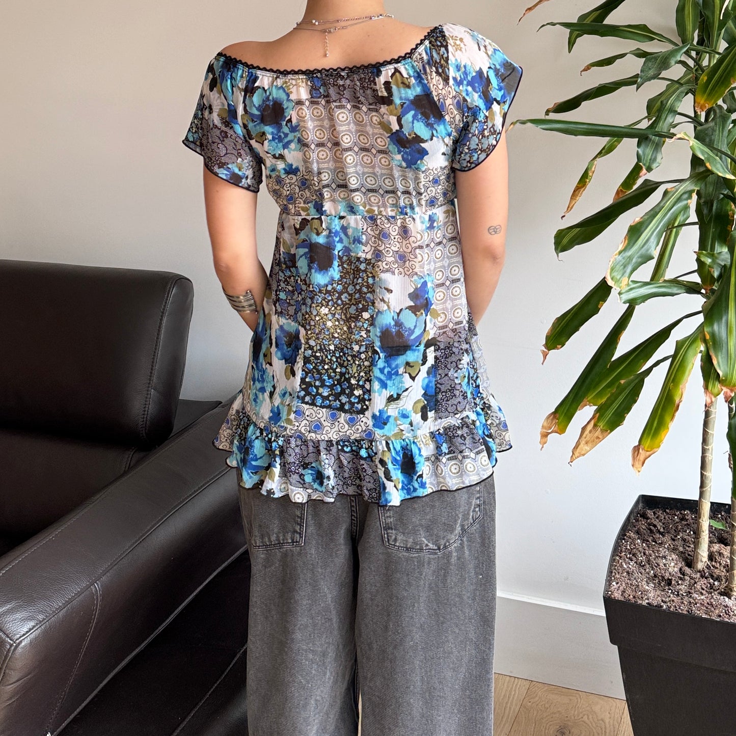 Blue & Black Floral Mesh Top