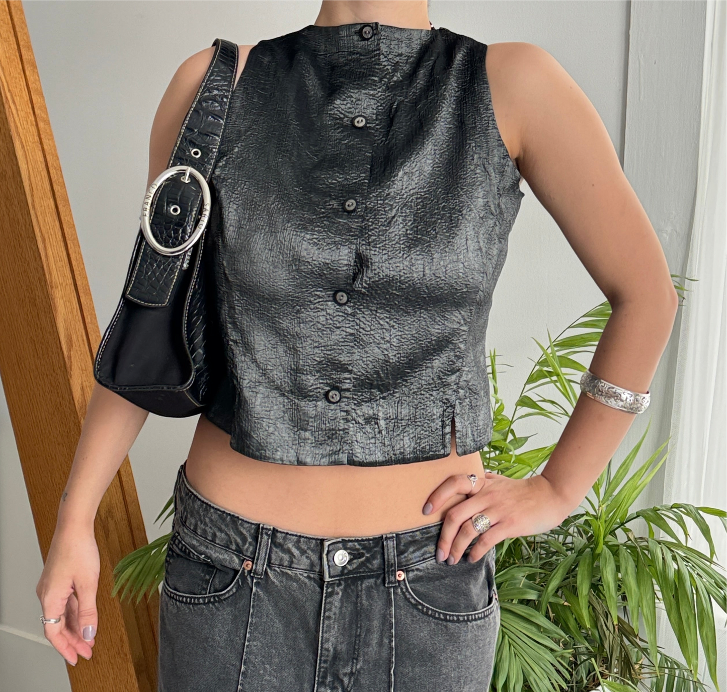 Grey Sparkly Button-Up Top