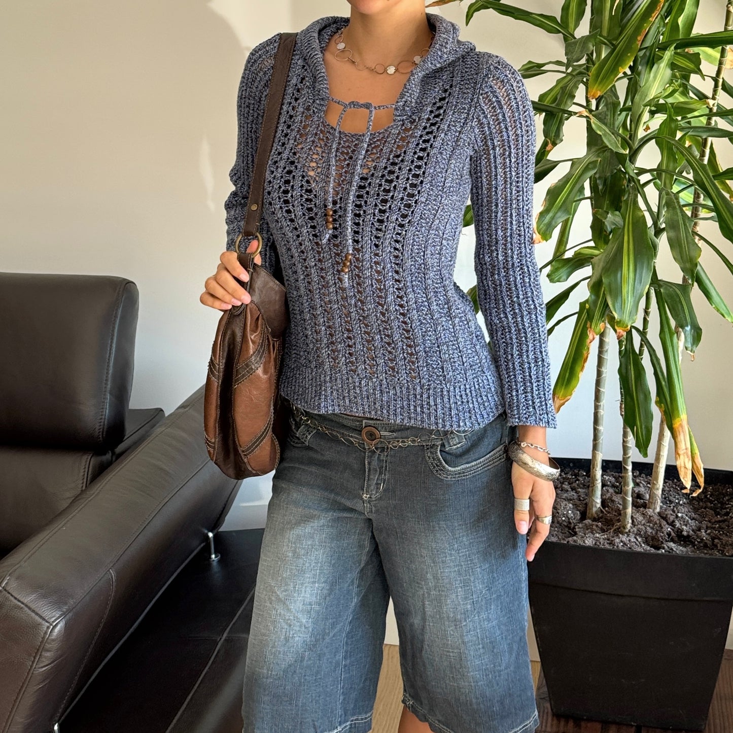 Blue Crochet Hooded Sweater