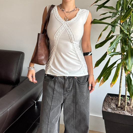 White Fitted Handmade Beaded Top