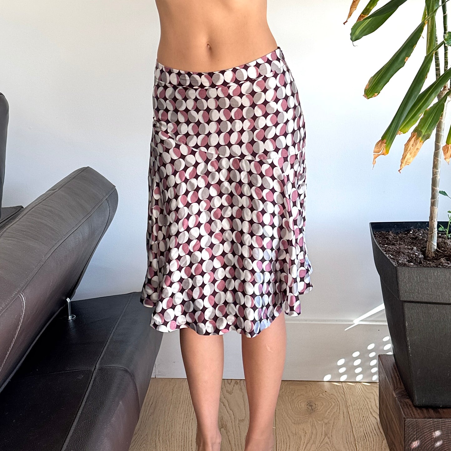 Grey & Pink Circle Genuine Silk Skirt