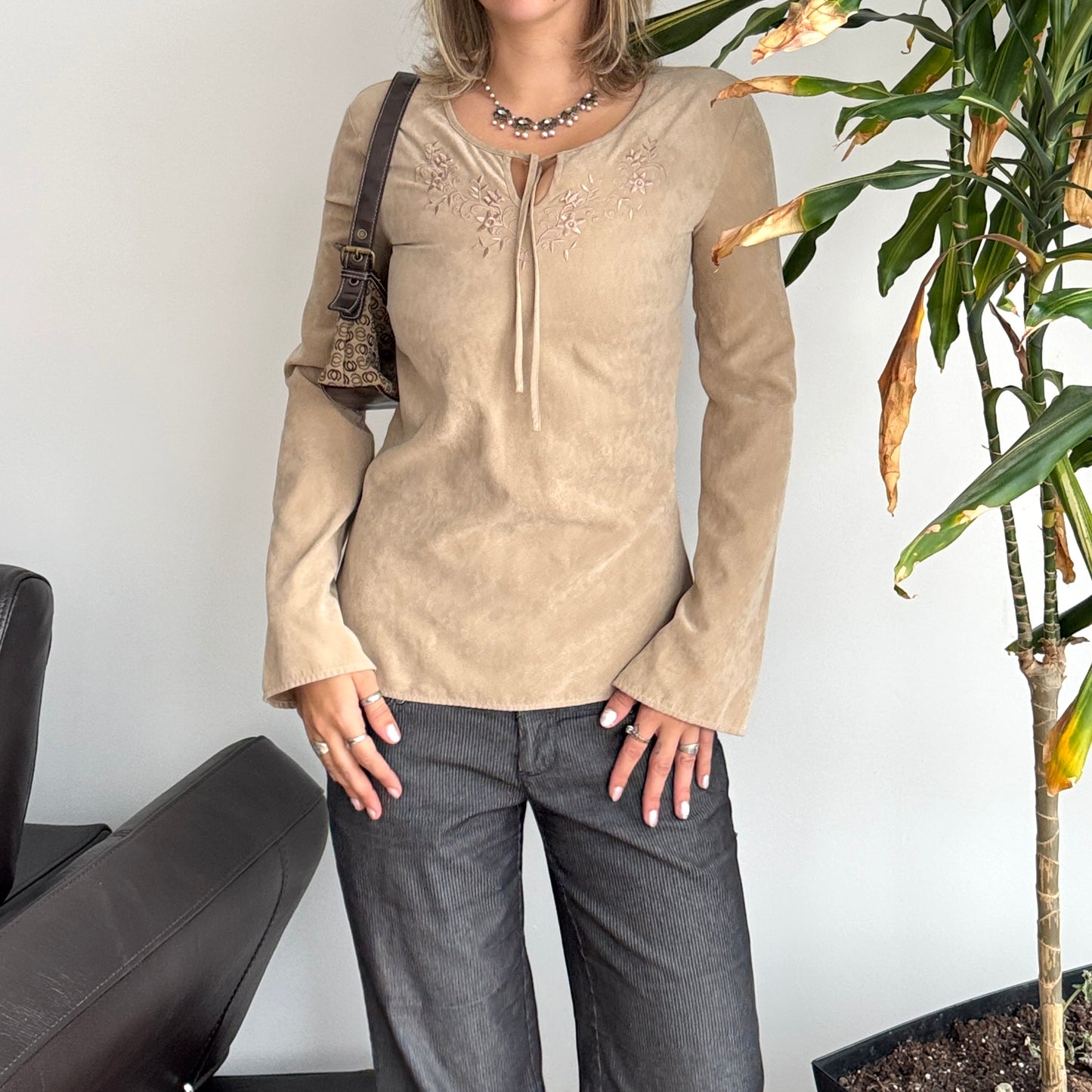 Beige Suede Floral Top