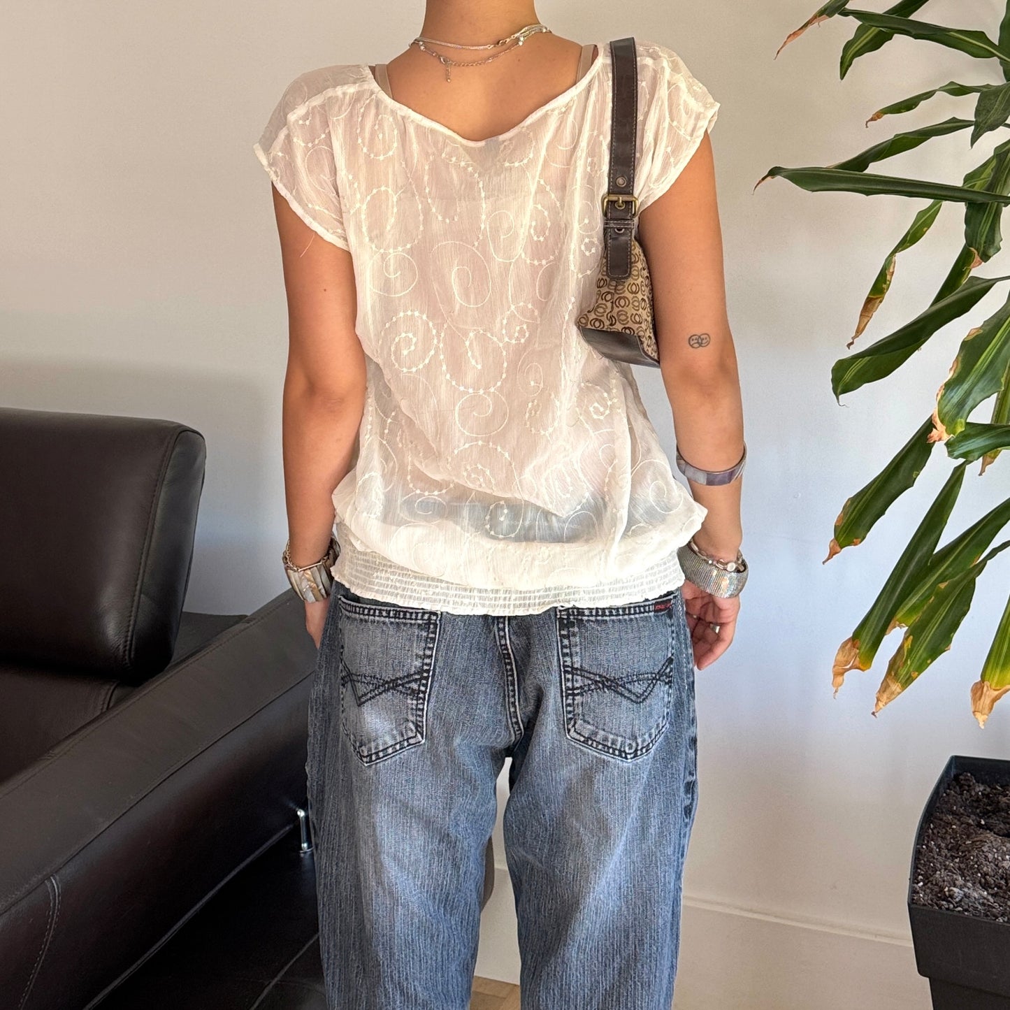 White Embroidered Mesh Top