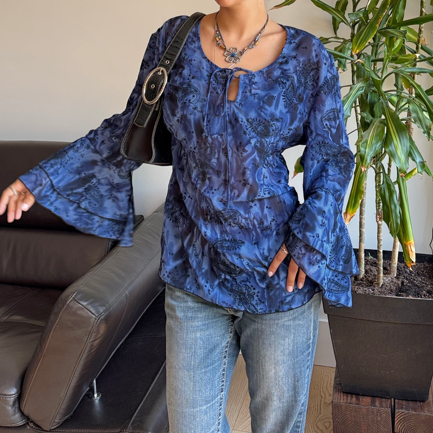 Black & Blue Mesh Bell Sleeve Top