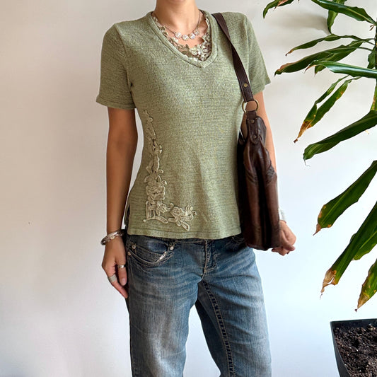 Green Knit Embroidered Top