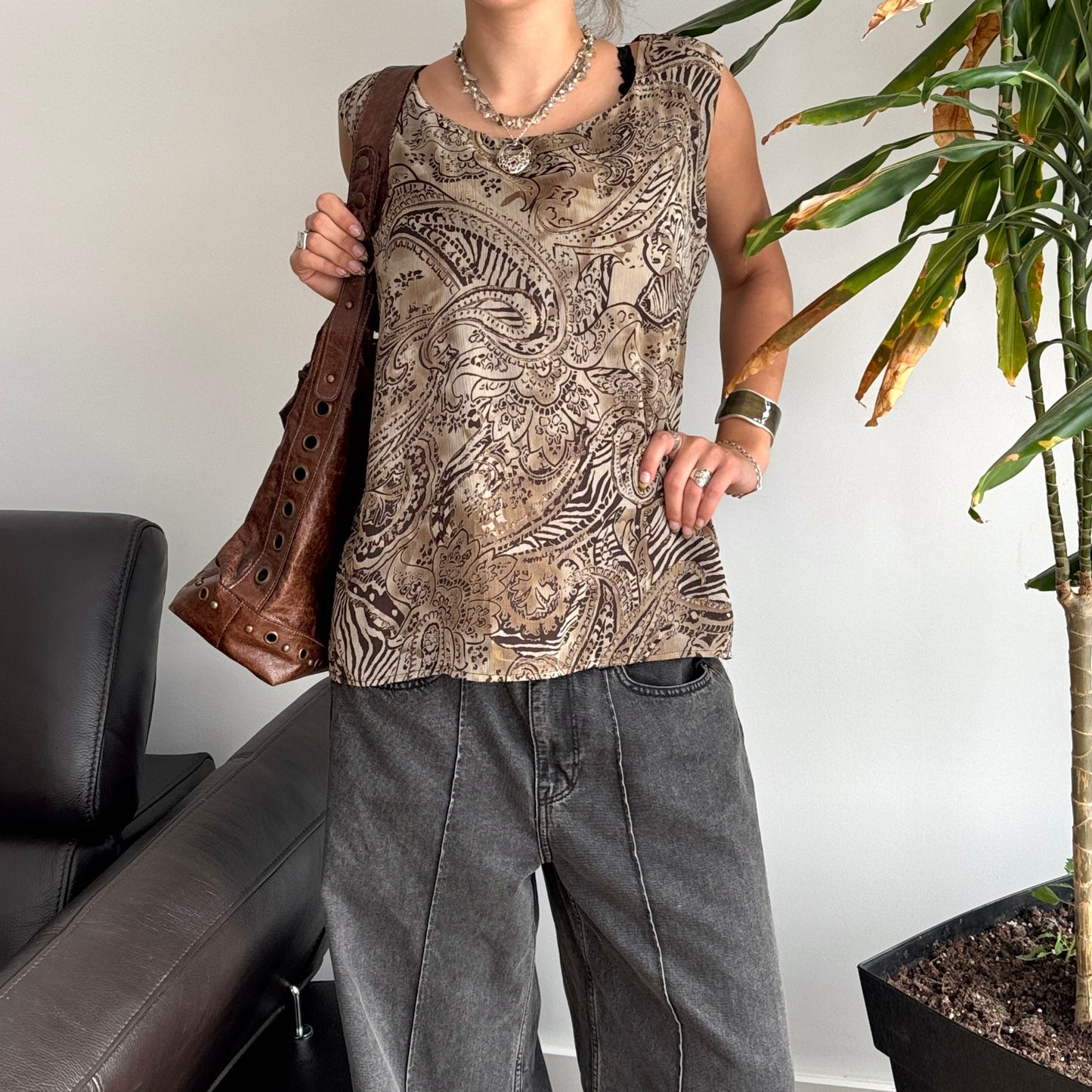 Brown Paisley Sparkly Mesh Top