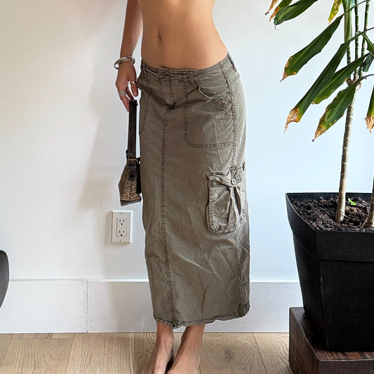 Khaki Green Cargo Maxi Skirt