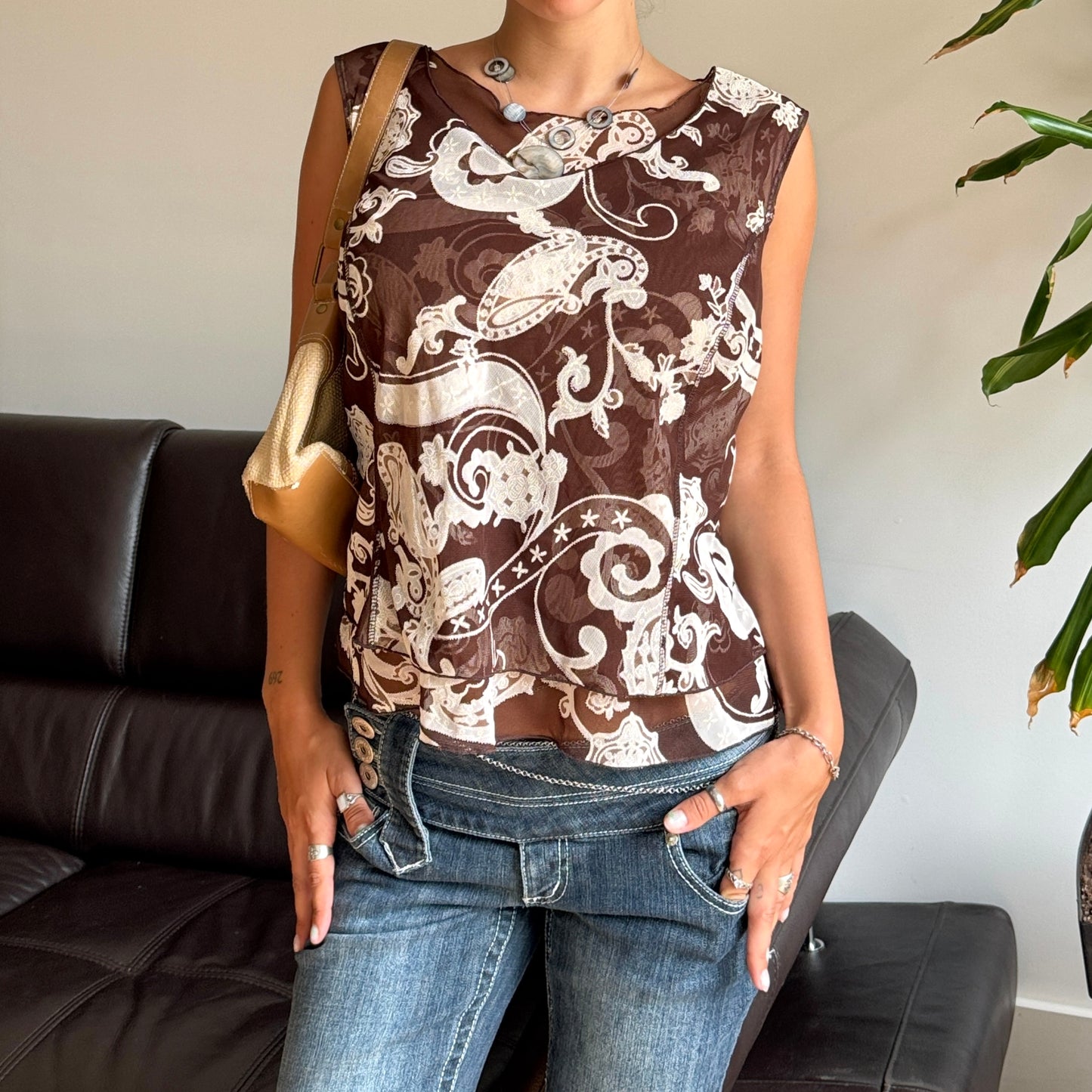 Brown Paisley Mesh Top