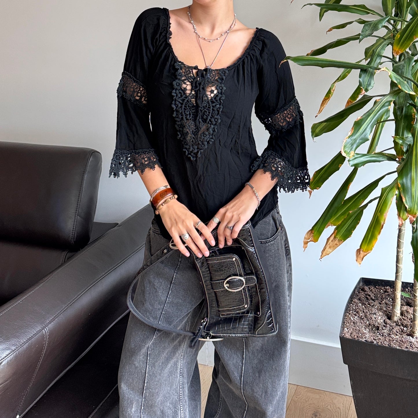 Black Bell Sleeve Textured Top