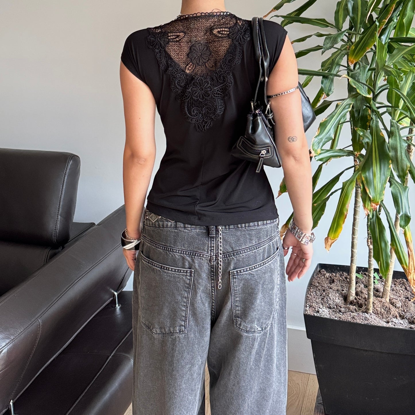 Black Cowlneck Top with Embroidered Back