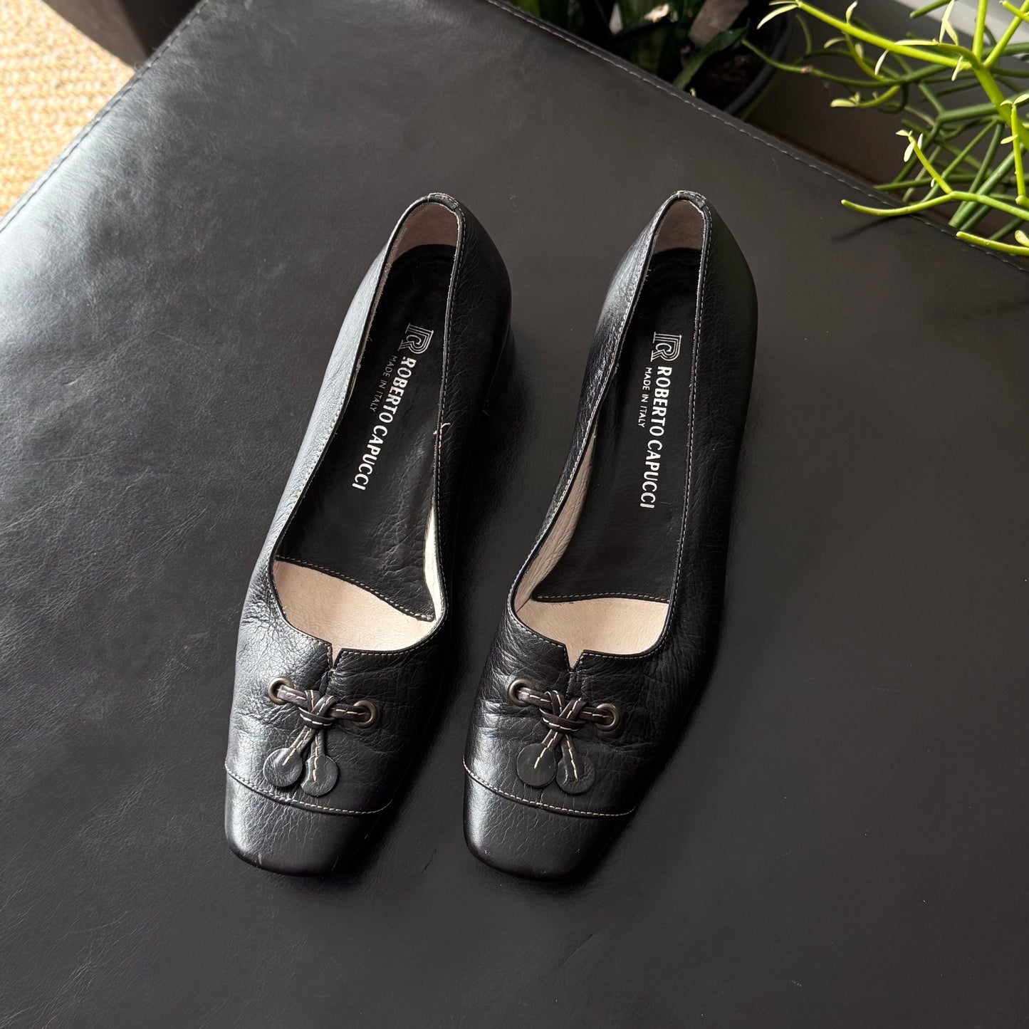 Black Genuine Leather Kitten Heels with Bow