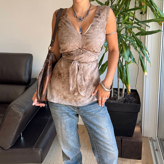 Brown Tie Up Embroidered Top