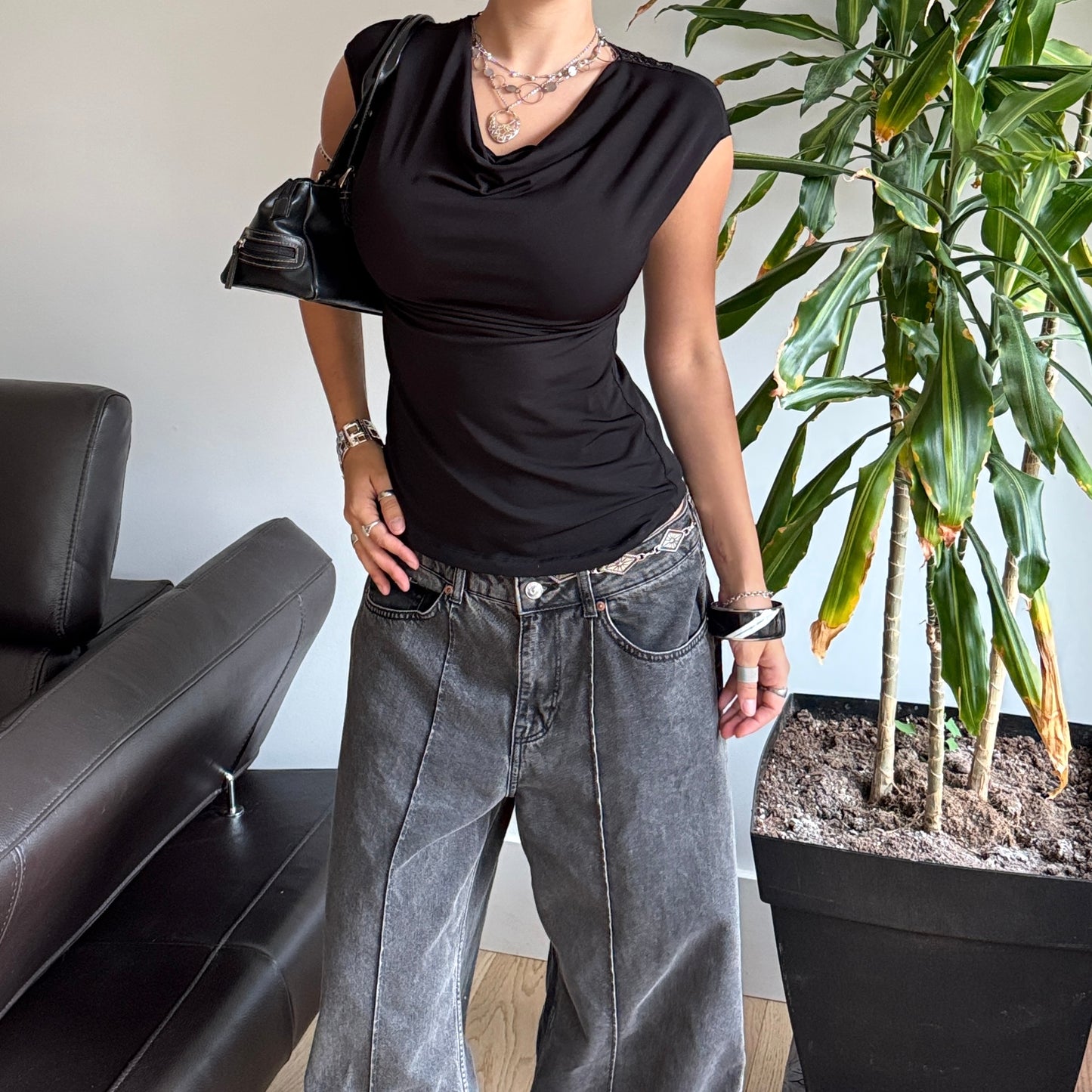 Black Cowlneck Top with Embroidered Back