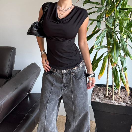 Black Cowlneck Top with Embroidered Back