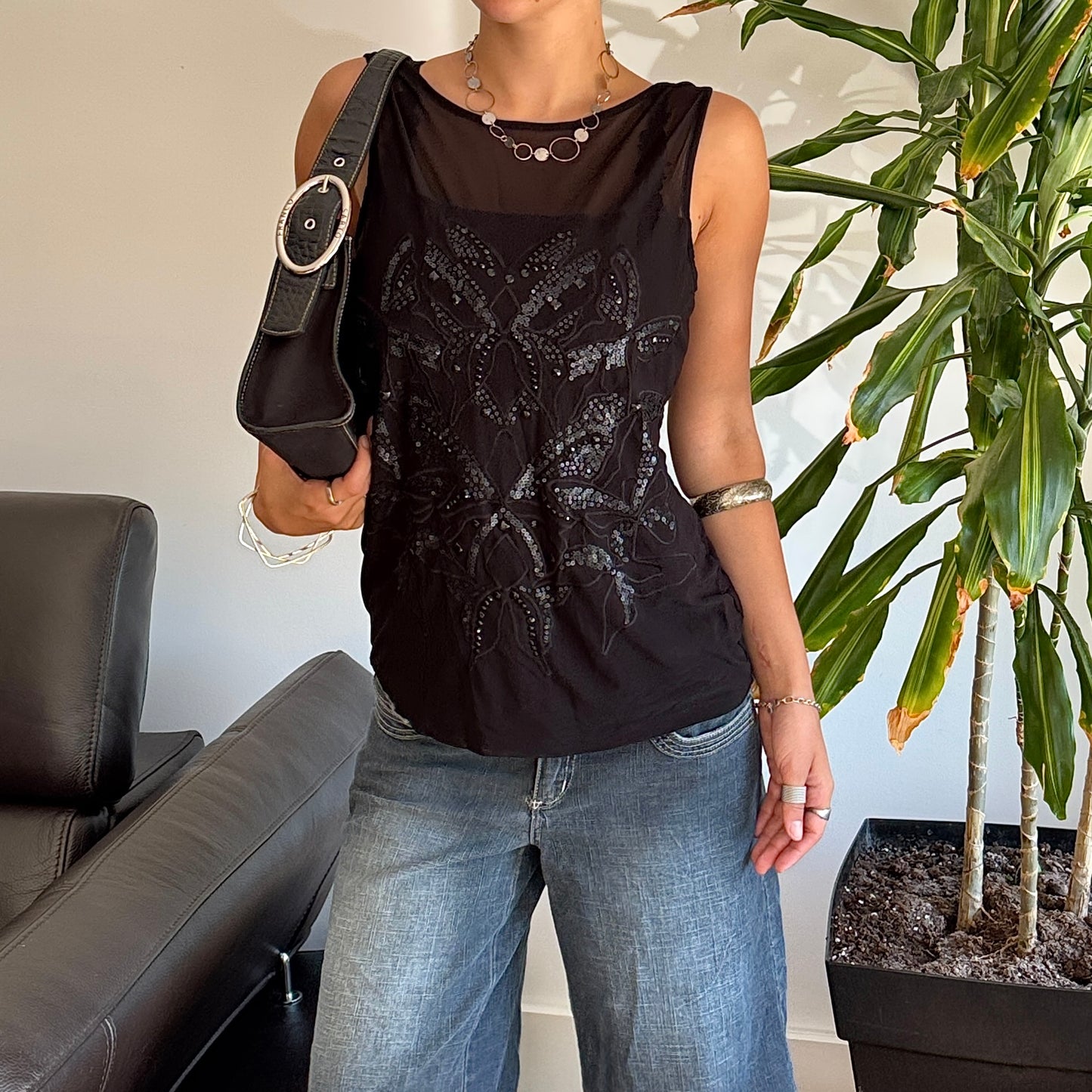 Black Sequin Mesh Top