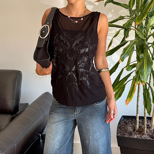 Black Sequin Mesh Top