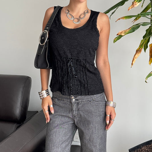 Black Lace Tie-Up Top