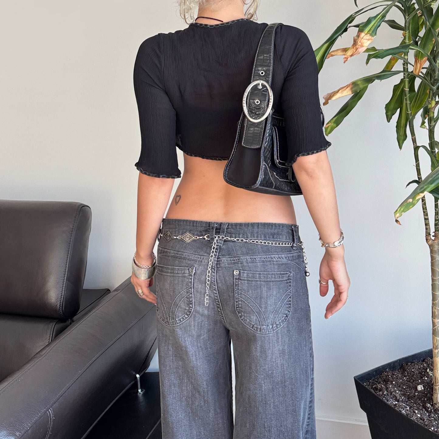 Black Mesh Top with Chain Trim