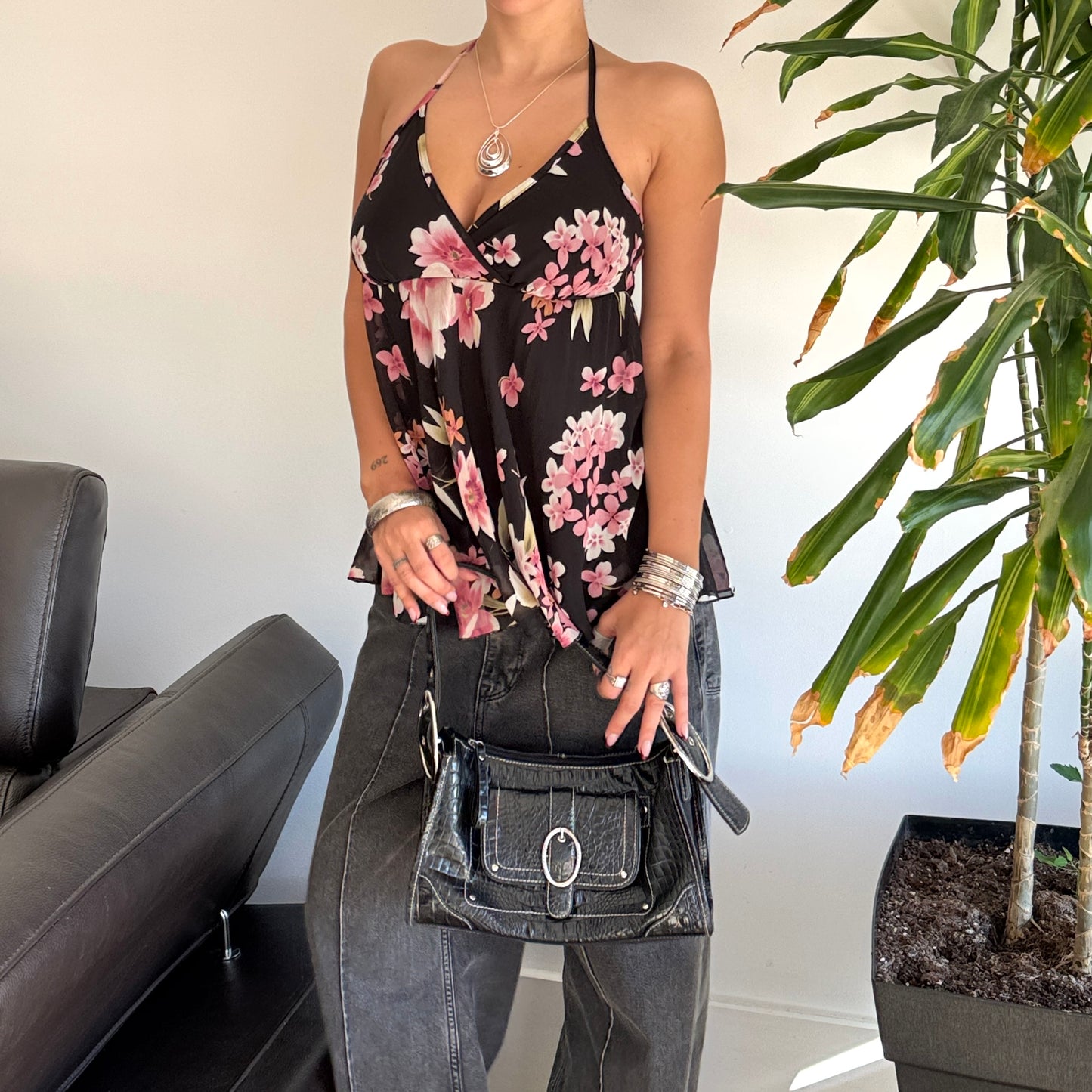 Black & Pink Floral Mesh Halter Top