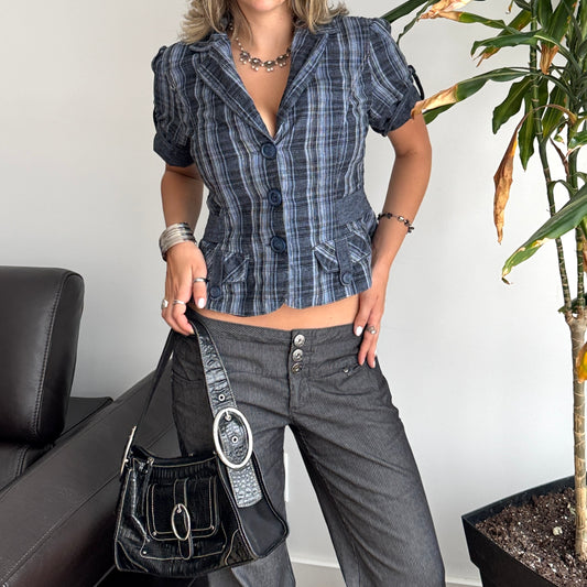 Blue Plaid Button-Up Top