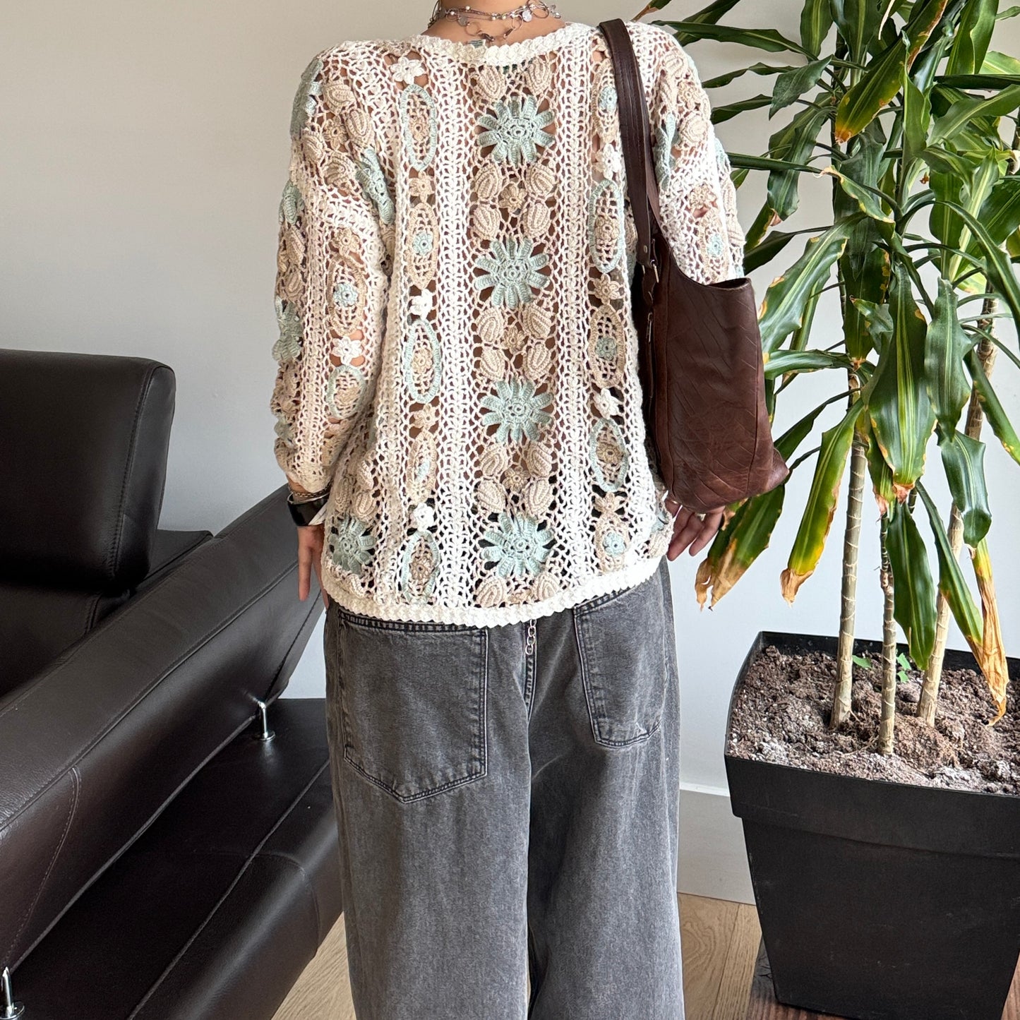 Cream & Blue Floral Crochet Top