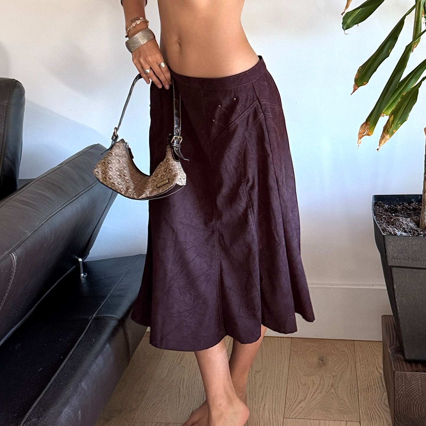Dark Brown Velvet Skirt with Gold Studs
