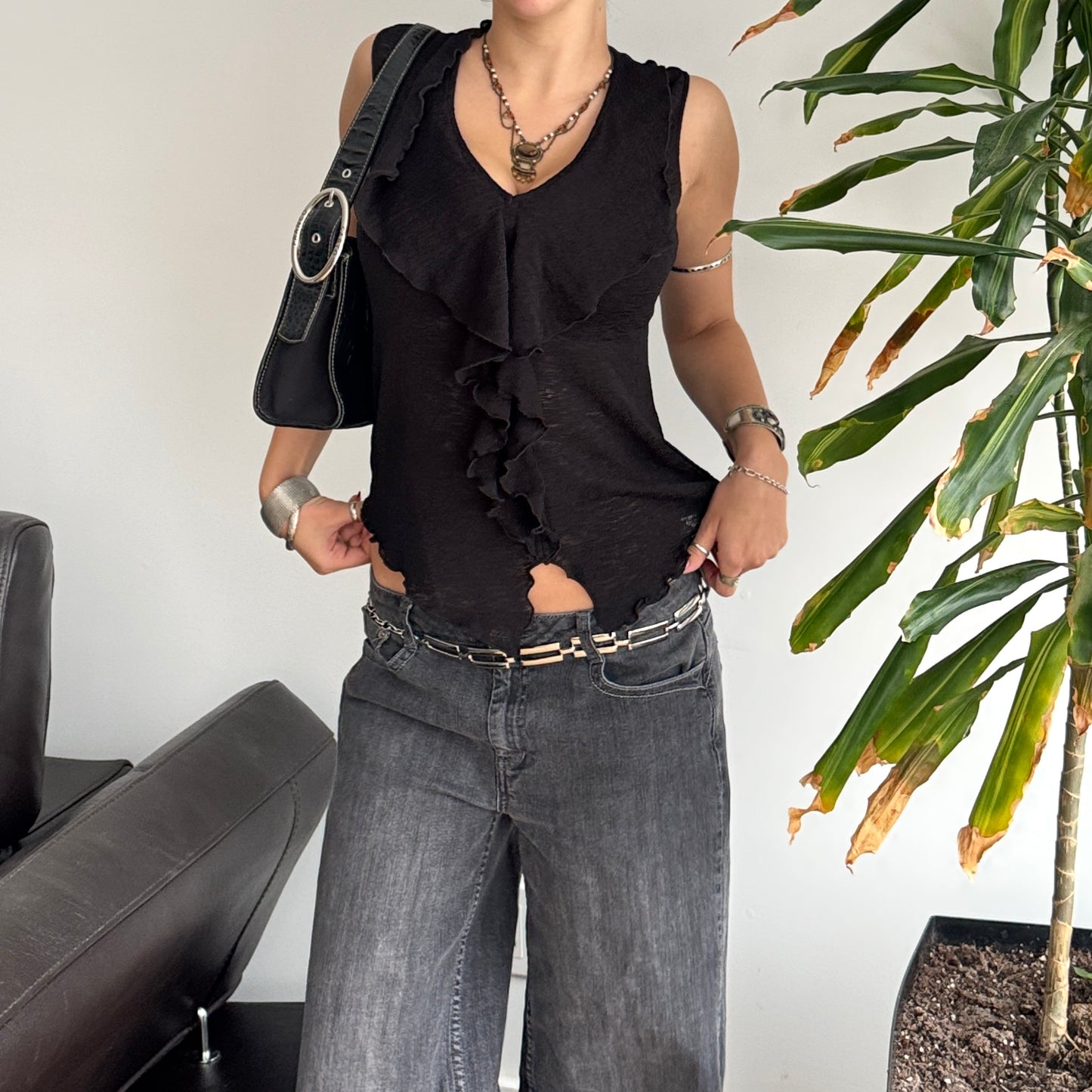 Black Mesh Ruffle Top