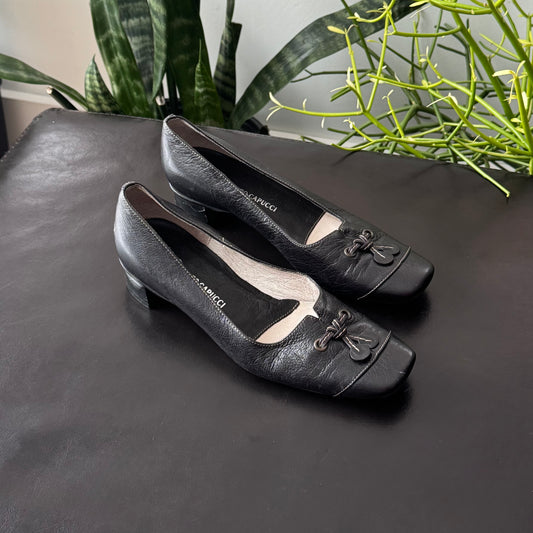 Black Genuine Leather Kitten Heels with Bow