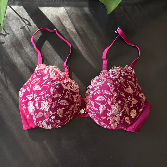 Pink Floral Embroidered Bra