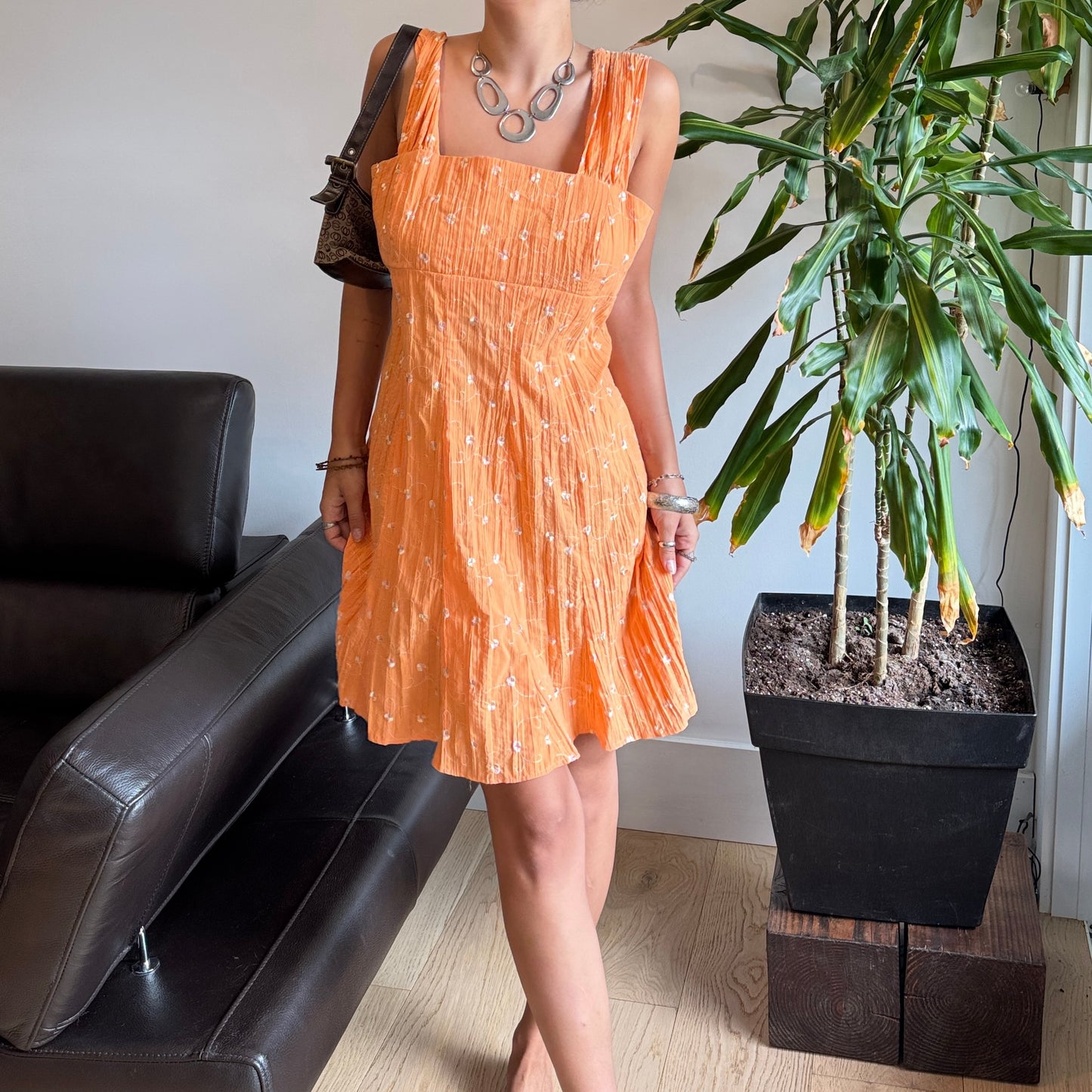 Orange Embroidered Floral Dress
