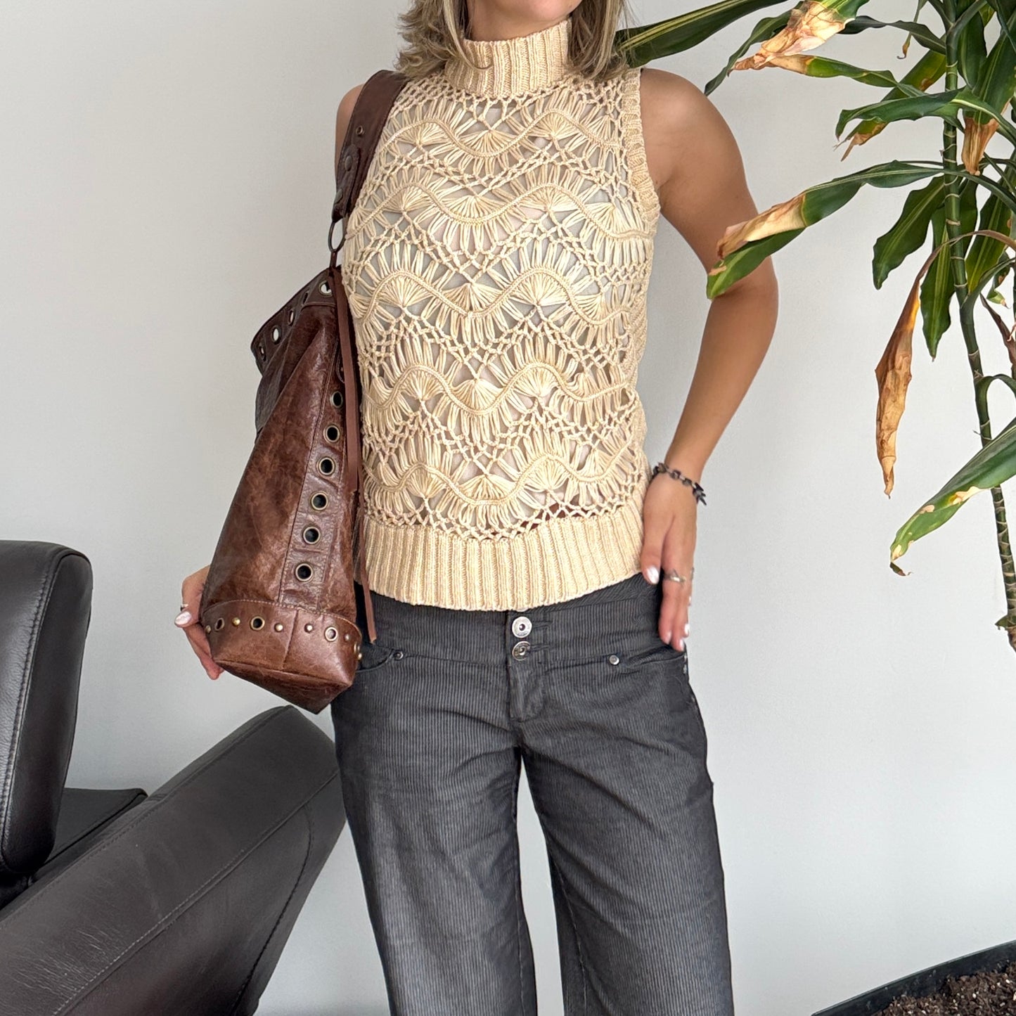 Beige Crochet Layered Top